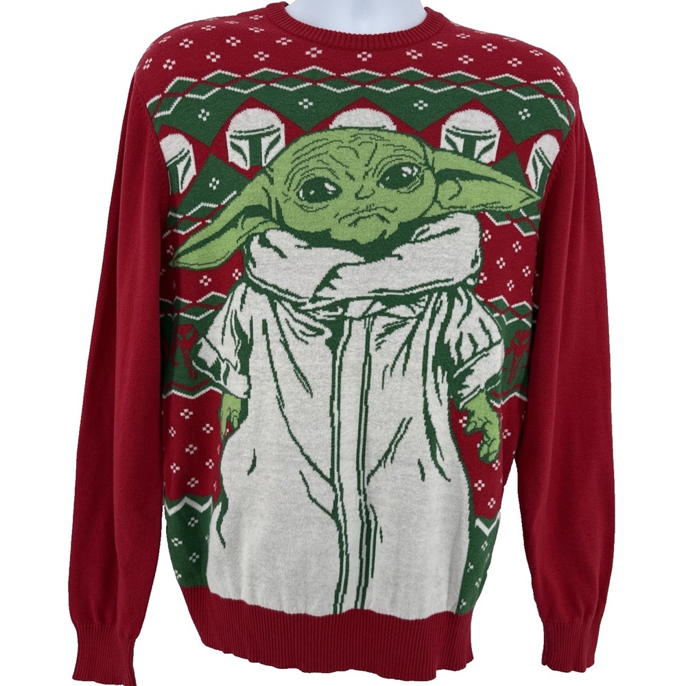 Star Wars Grogu Sweater Men L Unisex Christmas Ugly Sweater Red Green‎ Knit